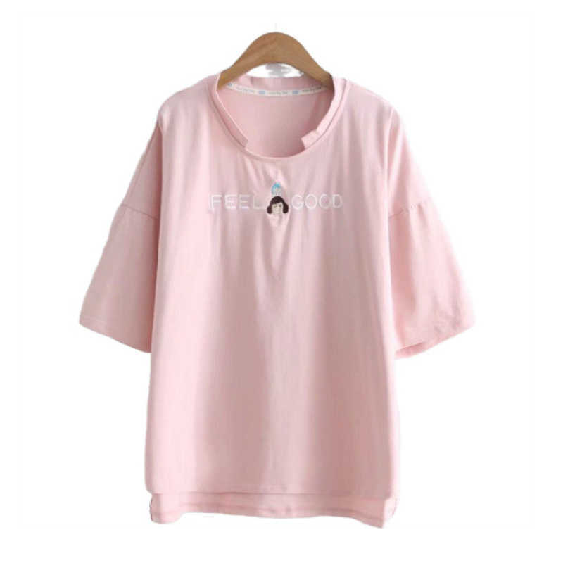 

Merry Pretty Funny Pattern Short Sleeve T-Shirts Women Casual Letters Embpridery Cotton Summer T All-Match Pink Tee 210526