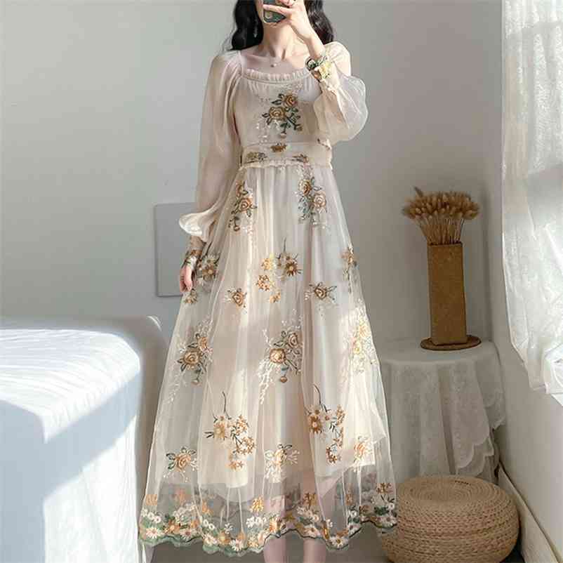 

Spring Style French Dress Women' Slim A-line Vintage Embroidery Flower Mesh Princess Party midi Vestidos 210519, Beige