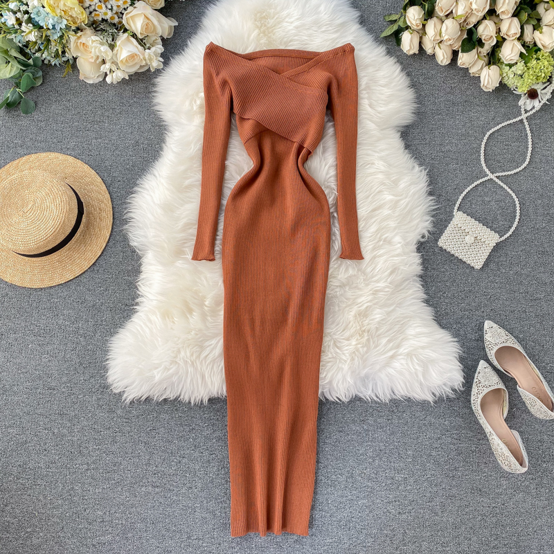 

Slim 2021 Off Shoulder Cross Criss Autumn Knit Sweater Midi Long Dress Bodycon Party Winter Sexy Women Casual elegant Vestidos, Jiao tang