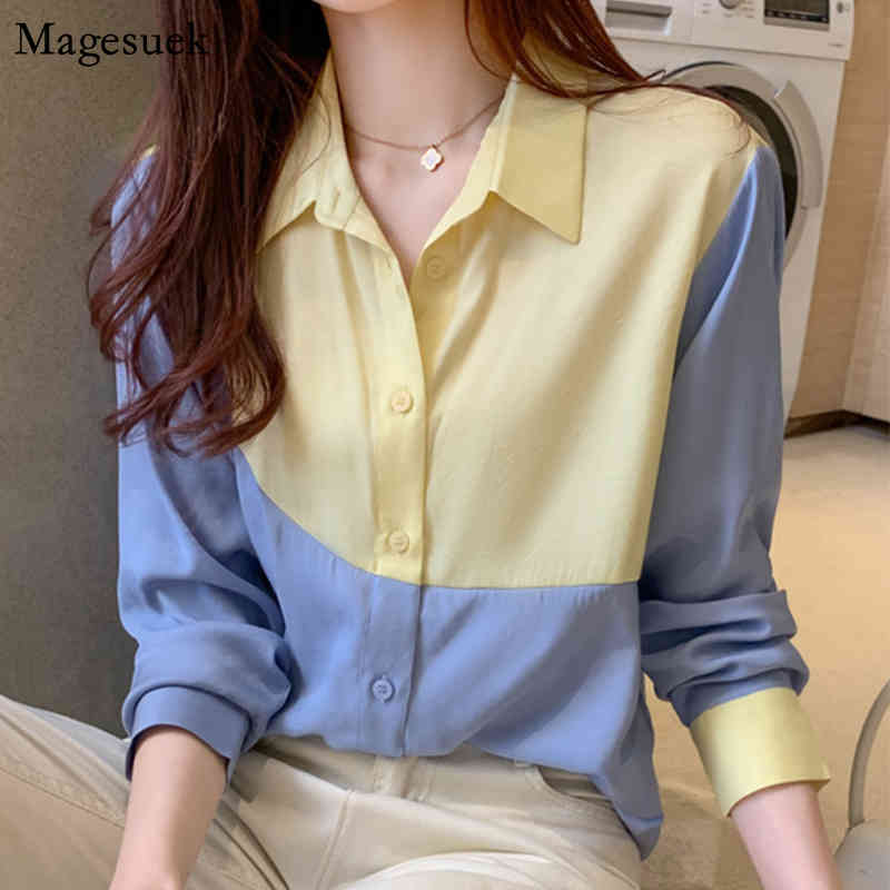

Fashion Long Sleeve Shirt Women Tops Color Patchwork Cardigan  Blouses Casual Office Blusas Mujer 11373 210518, Picture color