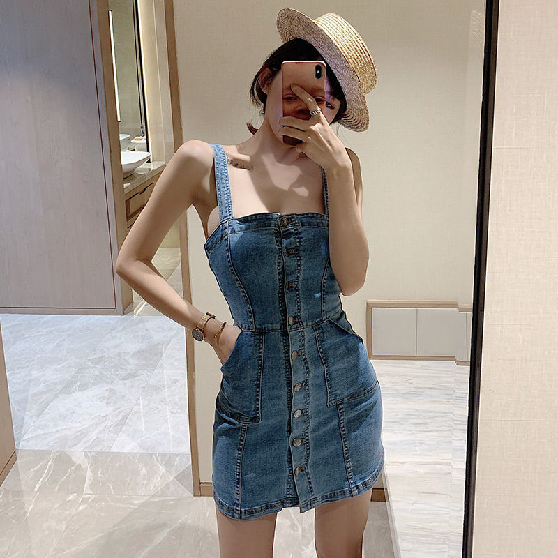 

Heydress Summer Fashion Denim Spaghetti Strap Dress lady Korea Streetwear Single Breasted Bandage Dresses female Vestidos 210426, Blue