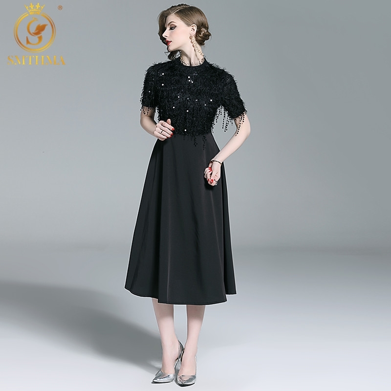 

Fashion Runway Summer Dress Women's Short Sleeves Casual Sequin Black Tassel Vintage Patchwork Dresses Vestidos 210520, Photo color