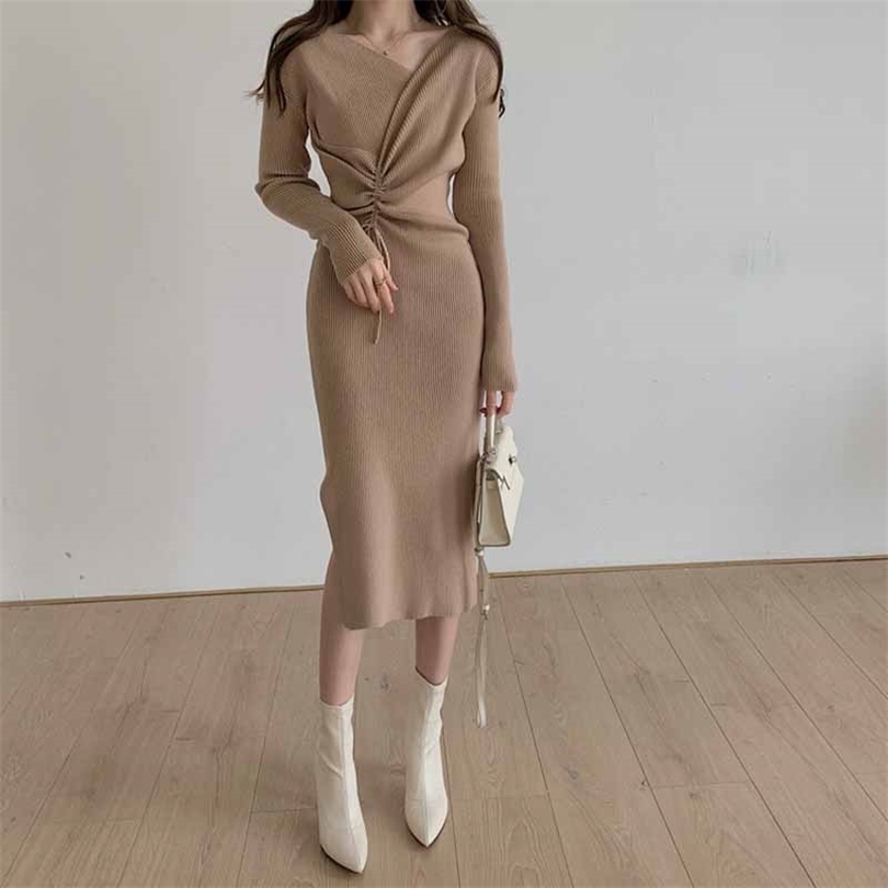 

Women V-Neck Drawstring Knit Dress Korean Elegant Long Sleeve Autumn Winter Woman Knitting Sweater Dresses Simple 211110, Black