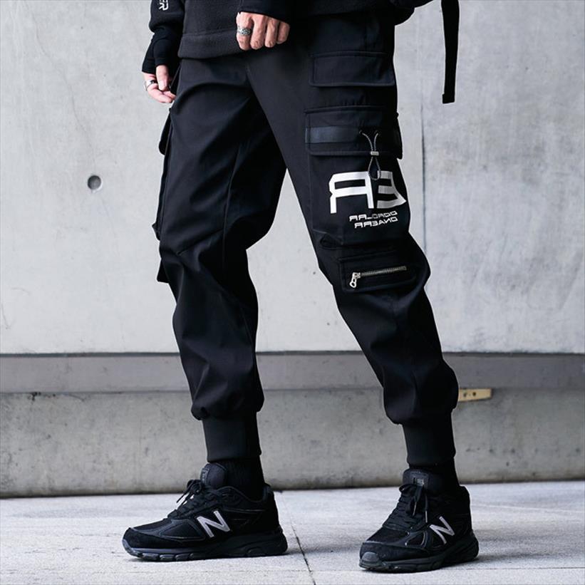 

arrival fashion loose elastic waist women pants pockets cargo overalls winter logo leisure male trousers, Black