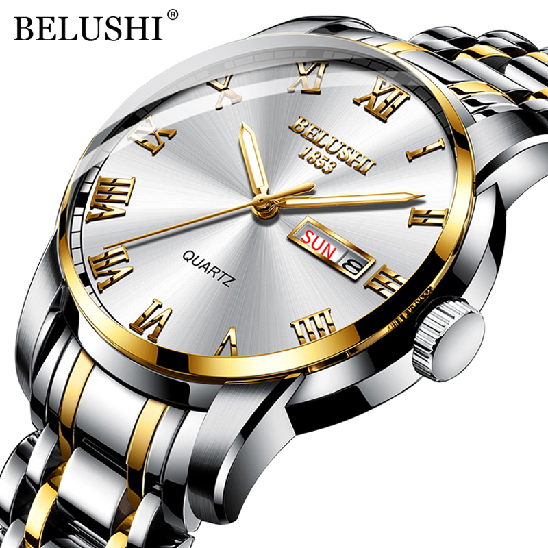 

BELUSHI Mens Fashion Business Quartz Wrist Watches Stainless Steel Waterproof Analog Watch Men Calendar Clock 2021 New Watchesg, Silver black