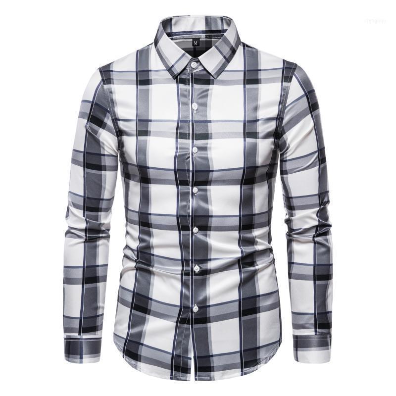 

Casual Shirt Men Plaid Long Sleeve Top Male Japanese And Korean Trend Print Lapel Blouse Arrival White Grey Brown1, Brown a223-2503-p55