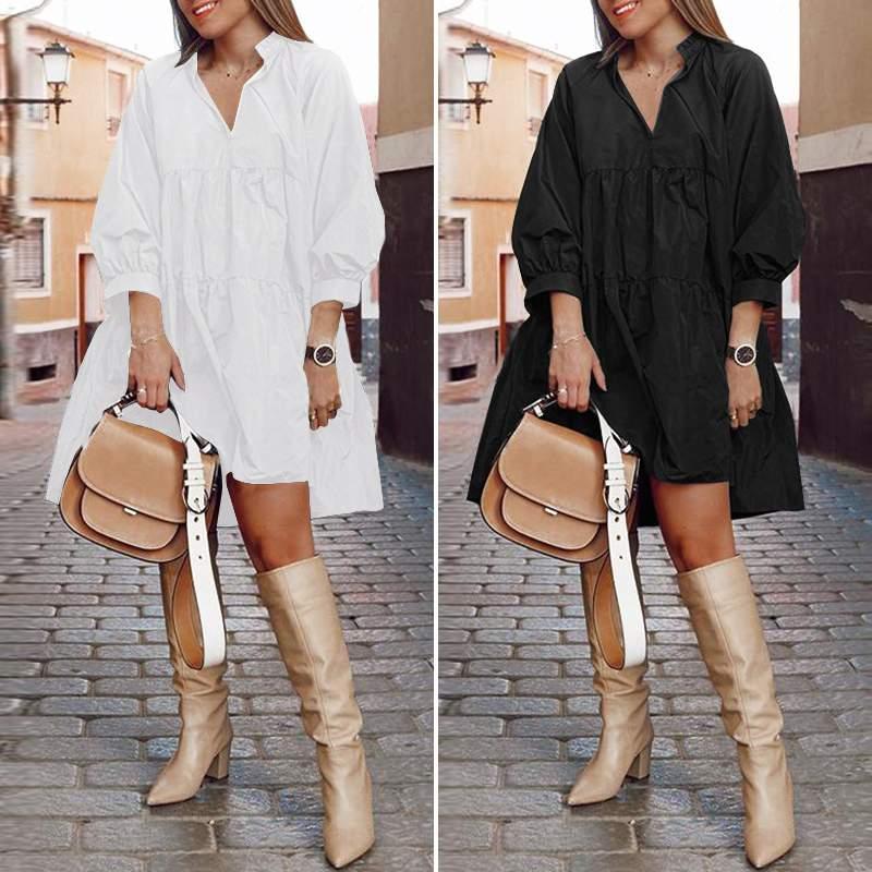 

Sexy Puffy Sleeve V-neck Dress 2021 Fall Women' Summer Fashion Lantern Smock Retro Casual Bohemia Beach Dresses, Black