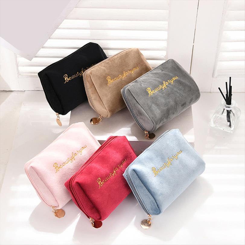 

womens cosmetic zipper velvet letter bags embroidery solid make up pouch for cosmetics toiletry case female
