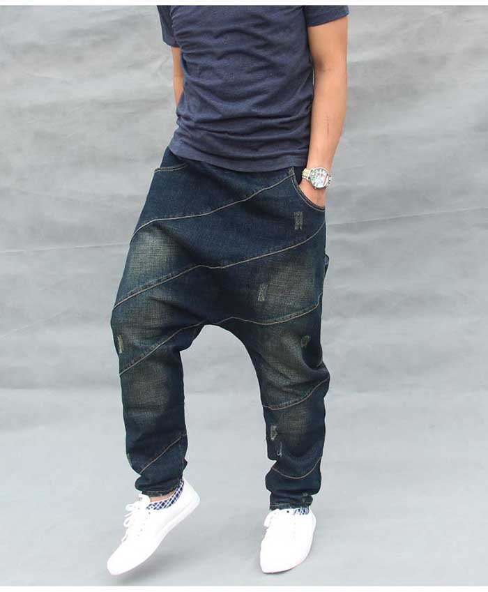 

Trendy Loose Baggy Jeans Men' Casual Denim Pants Hip Hop Harem Elastic Waist with Drawstring Male Trousers Blue Plus Size Bottoms
