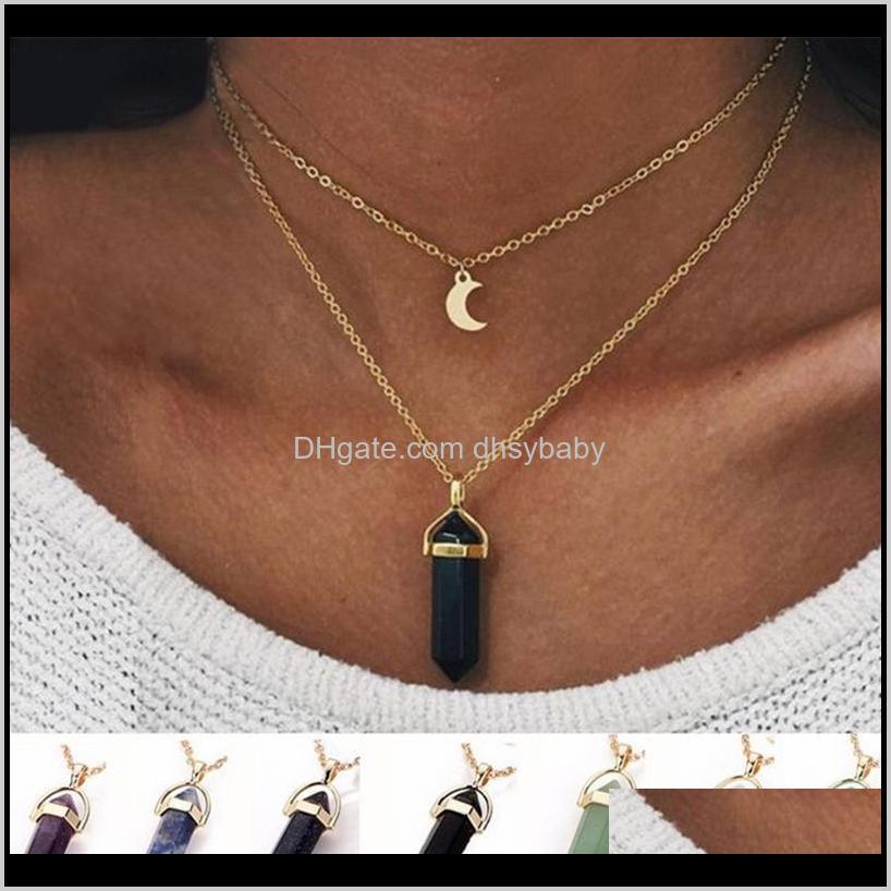 

Pendant Necklaces & Jewelry Drop Delivery 2021 Natural Stones Moon Pendants Necklace Double Layer Gold Link Chains Women Crystal Quartz Hexag