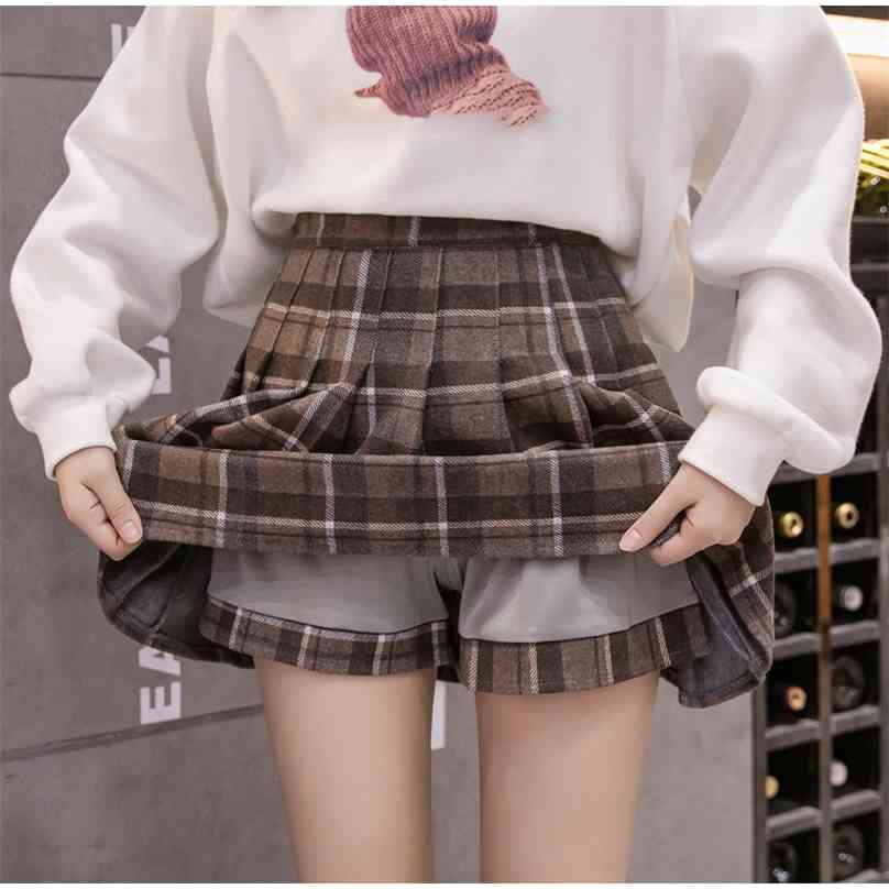 

Women's Plaid Pleated Woolen A-line Mini Skirt High Waist With Lining Female Short Skirts Winter Autumn Girls Preppy Style 210629, 02 white grid
