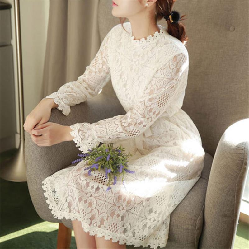

Casual Dresses Gowyimmes Lace Cotton Midi Long Dress Women Sleeve White Sashes Hollow Out Vestidos Winter Bottomings PD014, White no velvet