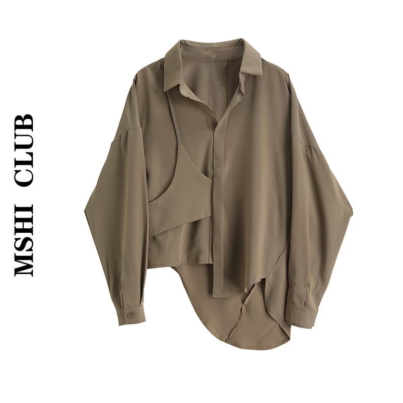 

Autumn Fashion Casual Solid Slim V-neck Irregular Design Full Shirt Top Women Blouses 210615, Photo color