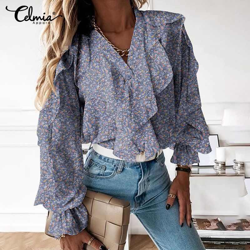 

Women's Blouses & Shirts Celmia Elegant Ruffles Vintage Office 2022 Fashion V-neck Blusas Floral Printed Long Flare Sleeve Women Buttons Up, White