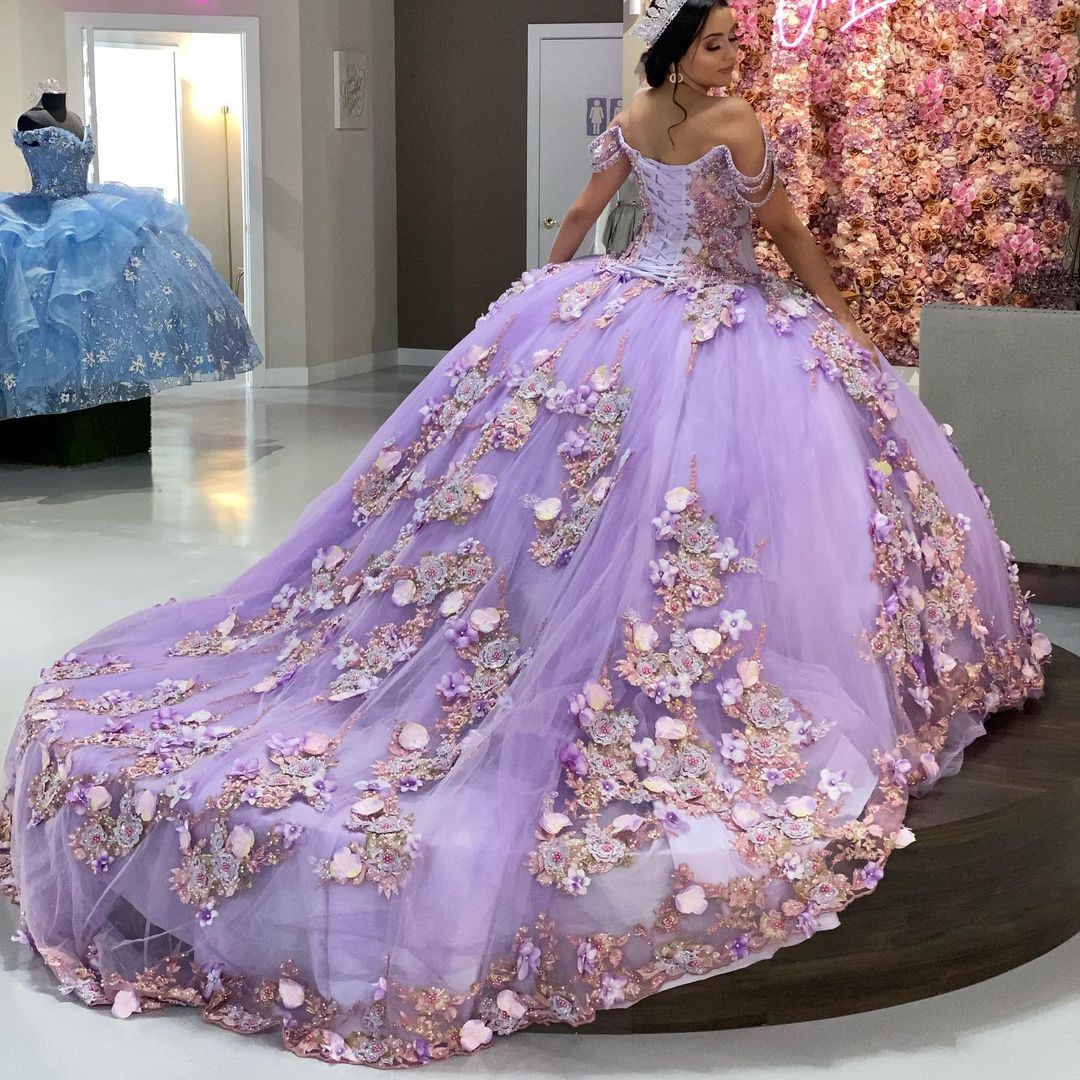 

Luxury Off Shoulder lilac Beads Quinceanera Dresses Ball Gown Sweet 16 Year Princess Dresses For 15 Years vestidos de 15 años anos, Sage