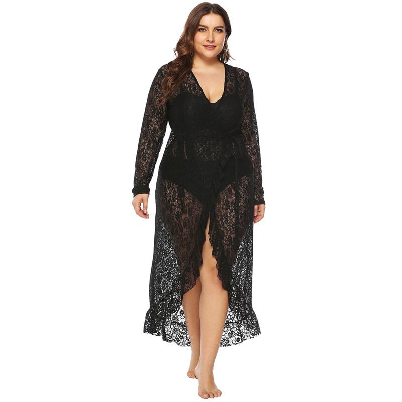 

Women's Swimwear Sexy See-Through Lace Deep V Neck Irregular Ruffle Strap Beach Long Dress Seaside Resort Sun Protection Bikini Cover Up, Black