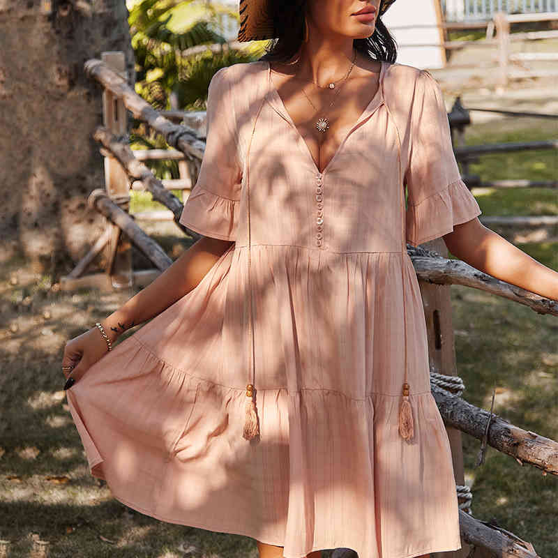 Casual Dresses Women&#039;s Midi Dress Elegant for Women Boho Y2K V Neck Half Sleeve Loose Tassel Holiday Vestidos Female Clothing HDAN-image-700358042