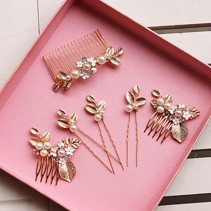 

Hair Clips & Barrettes 6 PCS/Set Gold Color Fashion Combs Flower Pearl Leaves Hairpins Set Bridal Accessories For Wedding Bride
