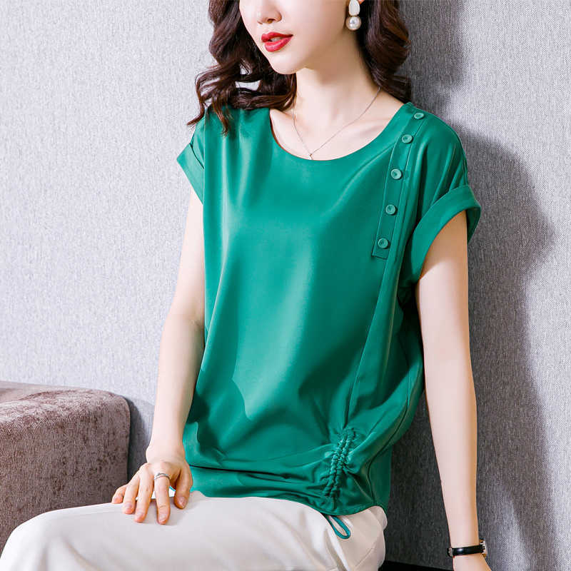 

Satin Silk Blouses Women Shirts Shirring Short-sleeved Slim Solid Woman Top Chiffon O-Neck Basic 210604, Pink