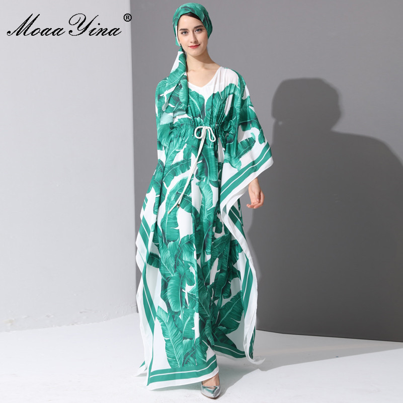 

Runway Fashion Designer Maxi Dress Spring Women' Batwing Sleeve Green Palm Leaf Floral Print Loose Casual Long 210524