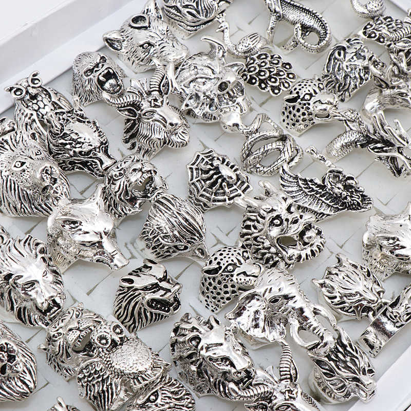 

Wholesale 20pcs/Lots Mix Snake Owl Dragon Wolf Elephant Tiger Etc Animal Style Antique Vintage Jewelry Rings for Men Women 210623
