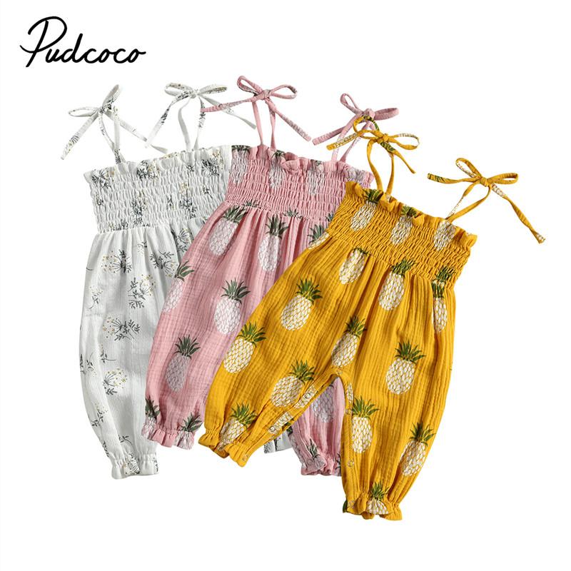 

Jumpsuits 2021 Baby Summer Clothing Born Girls Pineapple/Floral Print Romper Jumpsuit Sleeveless Lace-up For Kids, Blue
