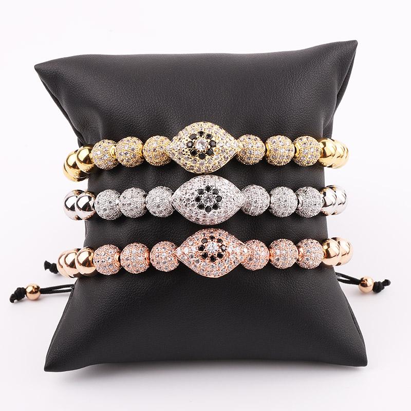 

Beaded, Strands Design Luxury Men Bracelet Jewelry Gold Plated CZ Pave Fat Eye Charm Beaded Macrame Adjustable Women