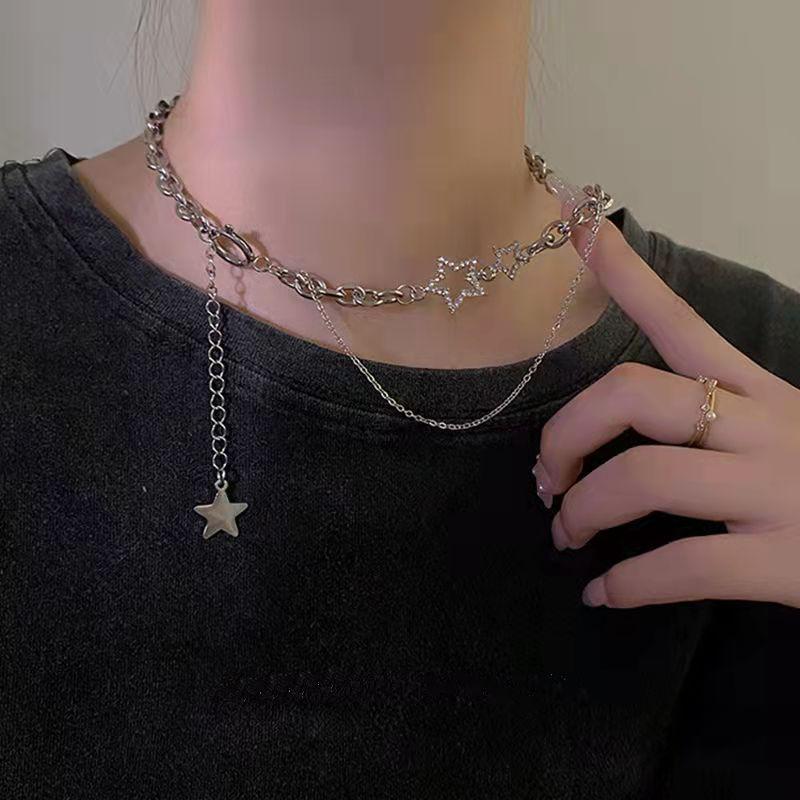 

Chokers 2021 Korean Fashion Stainless Steel Chain With Stars/Tassel Pendants Necklace For Women/Men Rhinestone Necklaces E Girl Jewelry