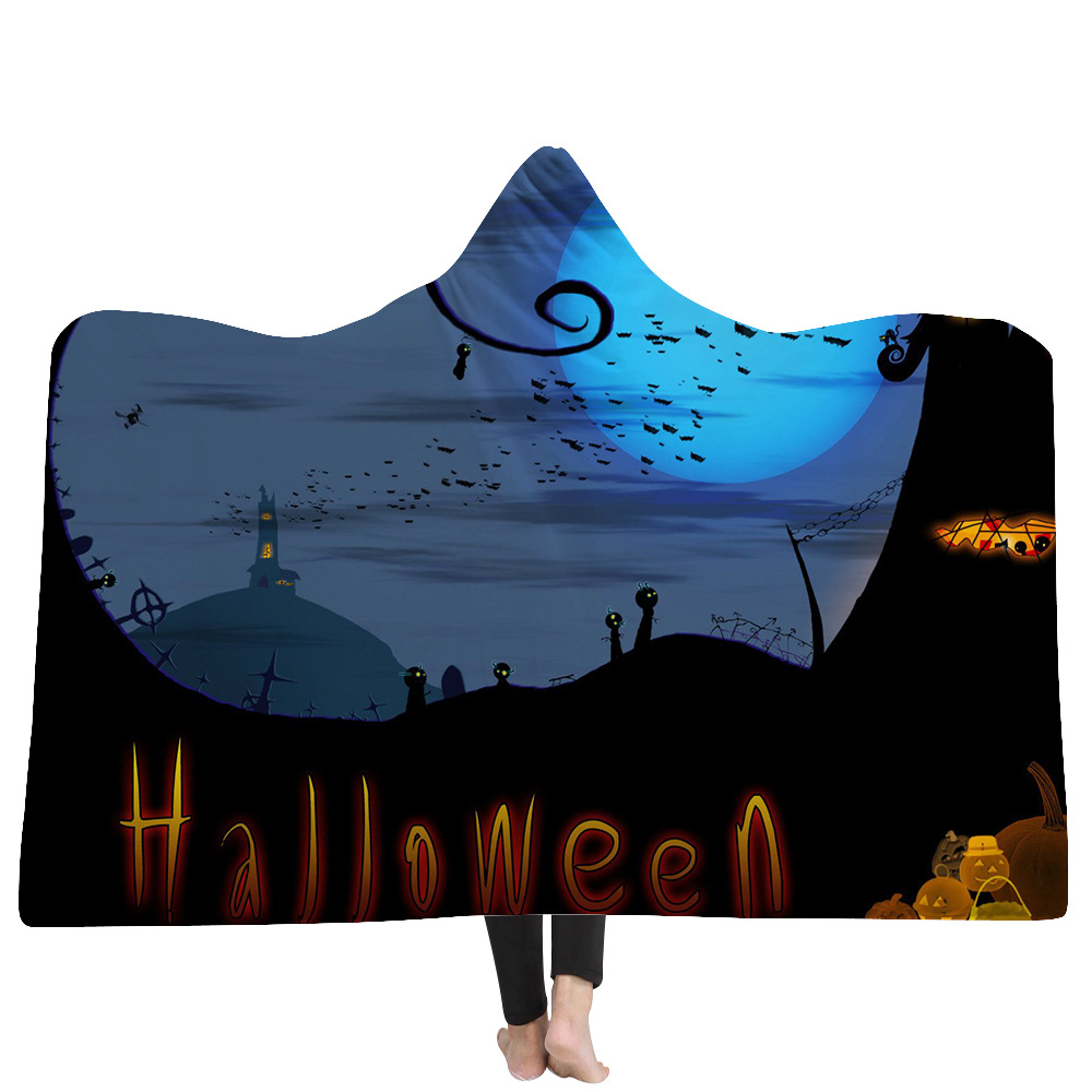 

Child Adults Happy Halloween Blanket Fleece Home Warm Pumpkin Castle Witch Bat Black Hooded Blankets Wearable Children Kids Gift