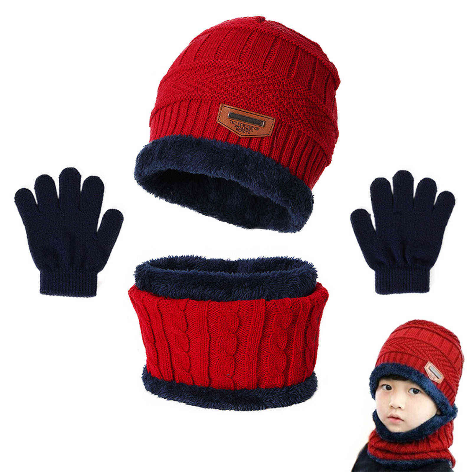 

3pcs Winter Kids Beanie Hat Scarf Mouth Mask Set Knitted Warm Fleece Ski Outdoor Pompom Girl Boy Child Face Keep