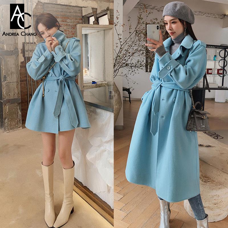 

Women' Trench Coats -L Autumn Winter Woman Outwear Long Coat With Belt Double Breasted Short Fashion Elegant Sky Blue