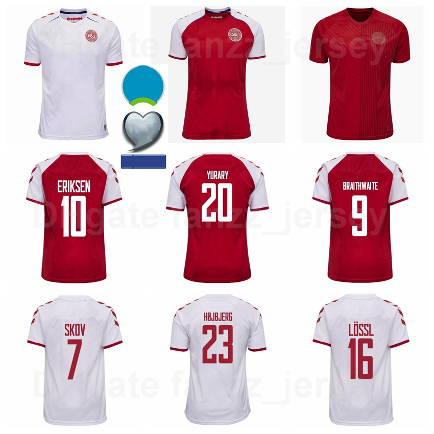

Europe Cup National Team Denmark Soccer Jersey Red White 10 Eriksen 9 Braithwaite 12 Dolberg 11 Olsen 20 Poulsen 1 Schmeichel Football Shirt, Black;yellow