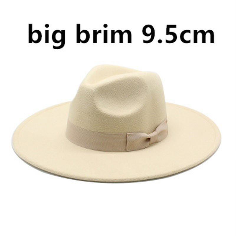

9.5cm Large Brim Wool Felt Fedora Hats With Bow Belts Women Men Big Simple Classic Jazz Caps Solid Color Formal Dress Church Cap, Black
