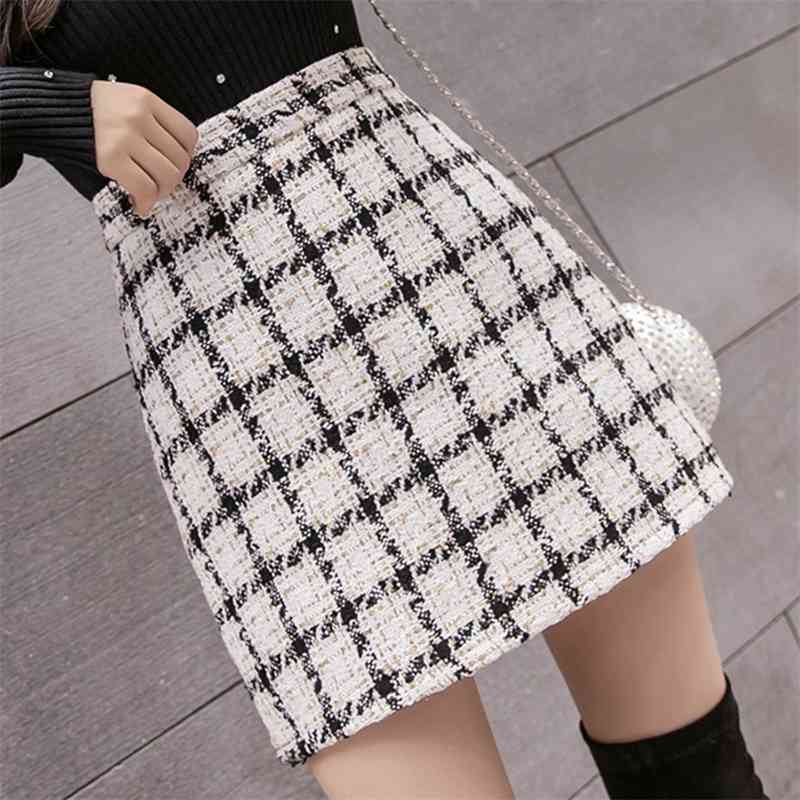 

Korean High Waist Tweed Skirt Autumn Winter Thickened Plaid Woolen Mini Mujer Faldas 210520, Photo color