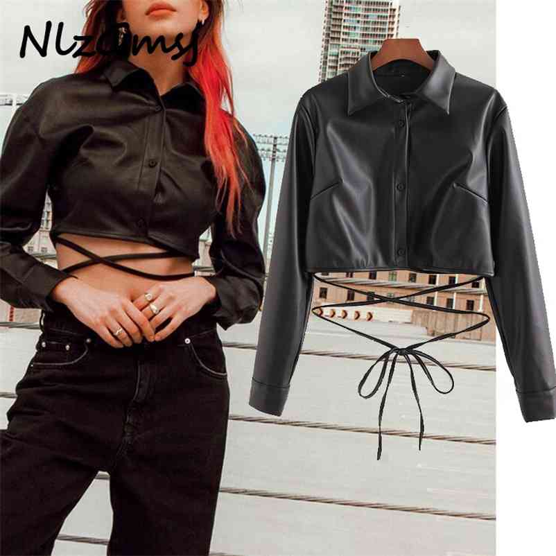 

Blouse Women Sexy Fashion Bow Tied Cropped Faux Leather Blouses Vintage O Neck Long Sleeve Female Shirt Chic Top 210628, As picture