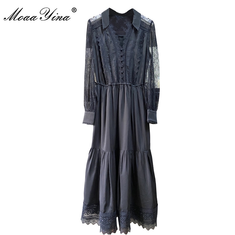 

Summer Fashion Runway Designer Dresses Women' Lantern Sleeve Lace Patchwork Elegant Black Midi Dress 210524