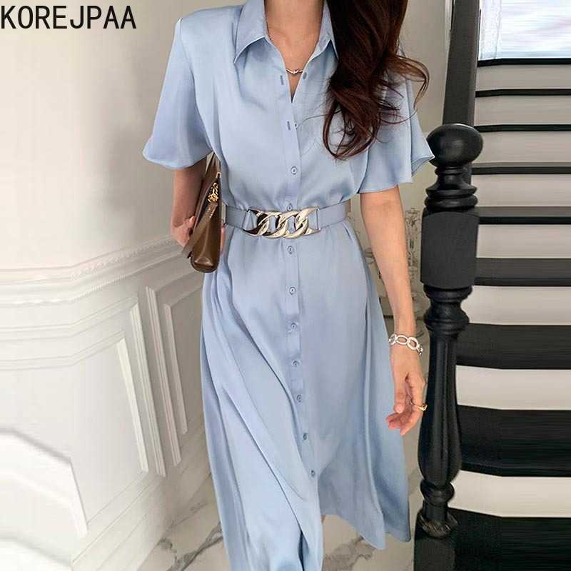 

Korejpaa Women Dress Summer Korean Fashion Chic Elegant Lapel Single-row Buckle Waist Belt Short-sleeve Shirt Dresses 210526, Black