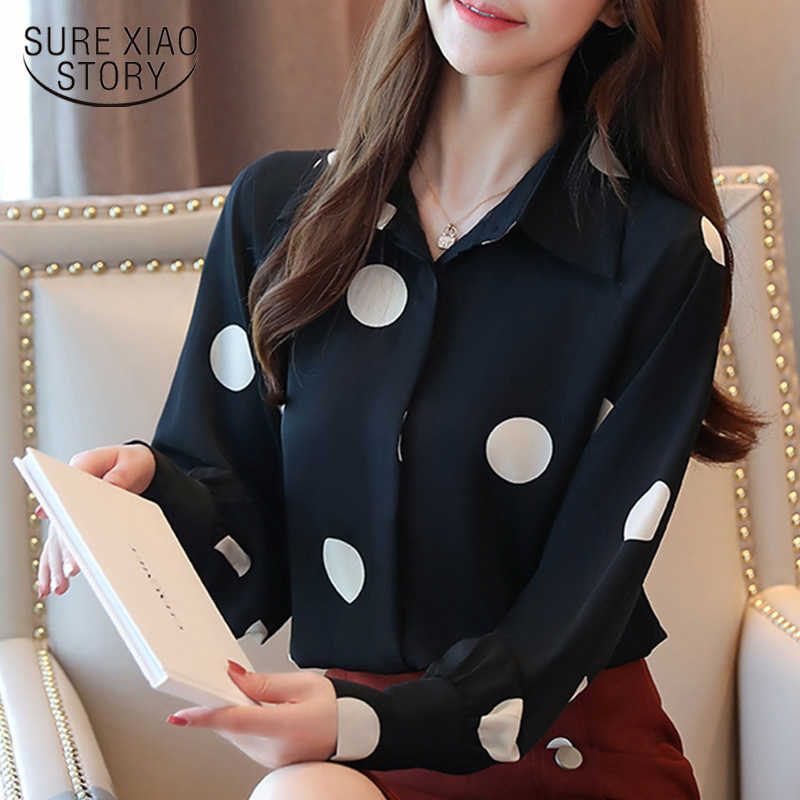 

spring Autumn Fashion Loose Women Shirts Print Polka Dot Long Sleeve Shirts Button Blouses White Black Women Tops 6447 50 210527