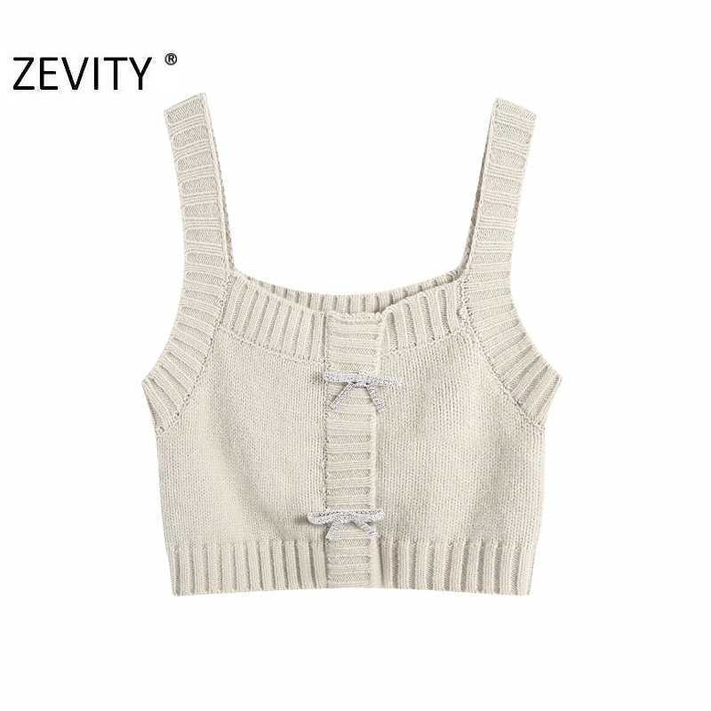 

Zevity Women Fashion Faux Diamond Bow Decoration Knitted Sling Sweater Female Spaghetti Strap Short Vest Chic Crop Tops S469 210603, As pic s469bb
