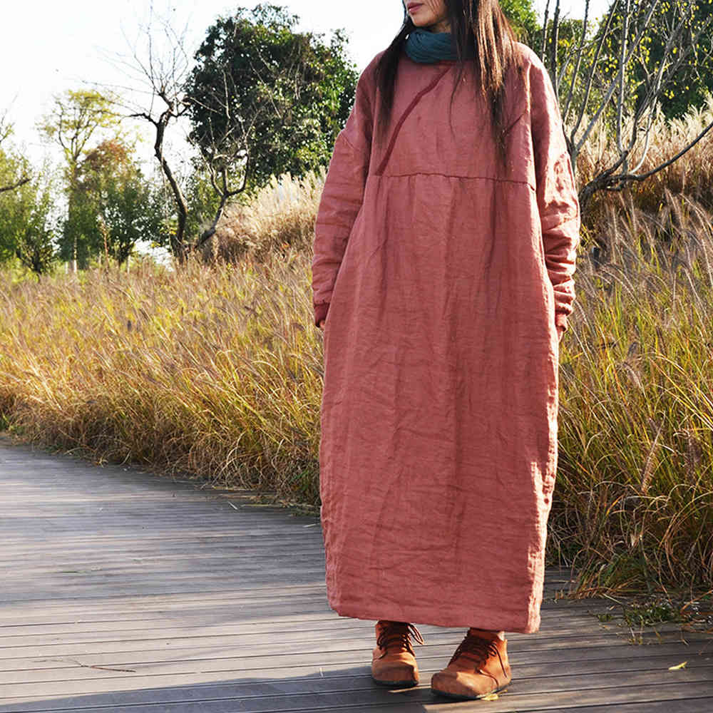 

Johnature Women Vintage Cotton Linen Dresses O-Neck Long Sleeve Warm Robes Solid Color Autumn Winter Loose Dresses 210521, Orange