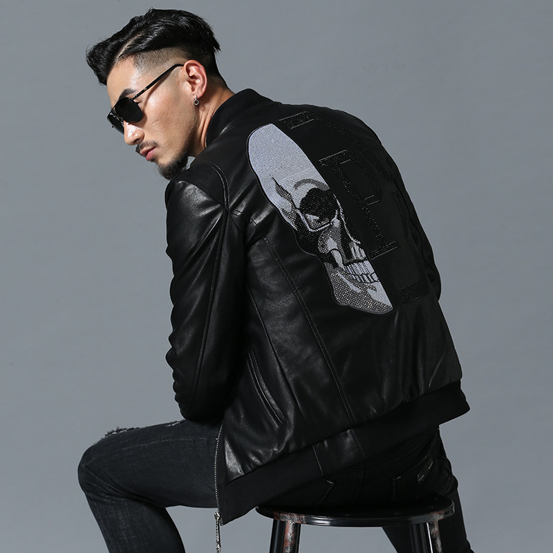 

Skull Rhinestones Pu Jackets Men High Street Style Stand-neck Sudaderas Hombre Rib Sleeve Streetwear Mens and Coats, Black;brown