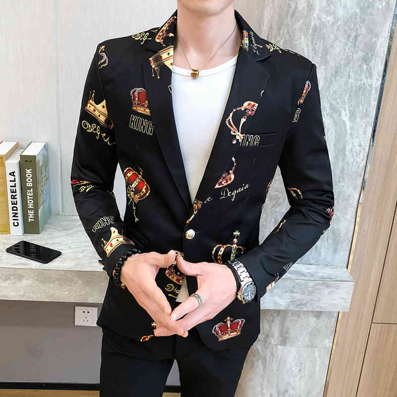 

Men's Suits & Spring Crown Print Mens Blazer Korean Jacket Wedding Dress Suit Stylish Blazers For Men Slim Fit Dj Singer Blaser Masculino, White
