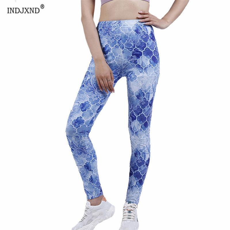 

Women' Leggings INDJXND Spandex High Waist Push Up Pants Elastic Gradient Blue Flower Fittness Sport Women Running Ankle-Length