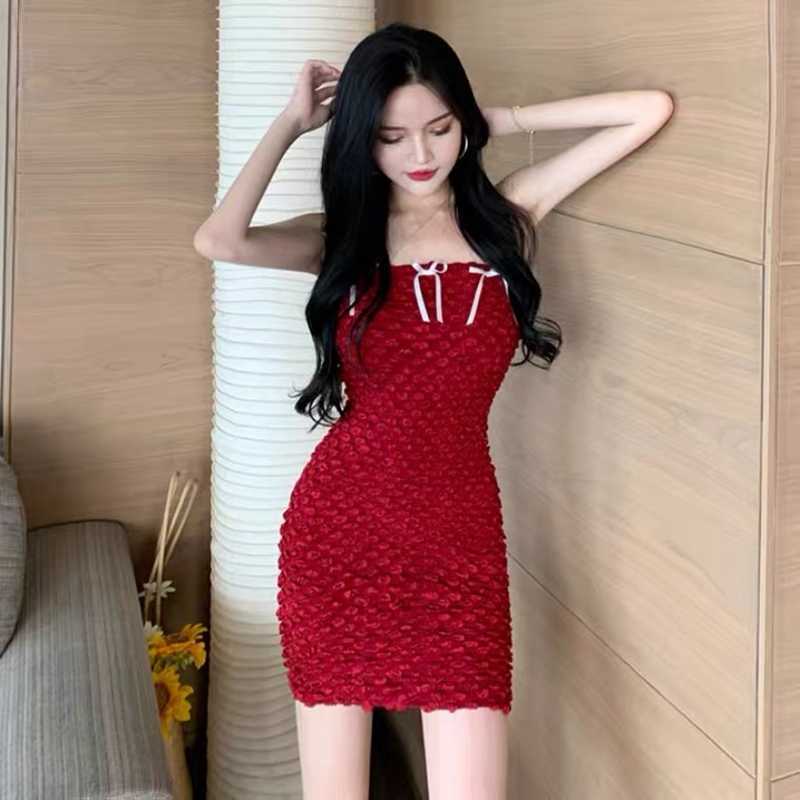 

Bow tie high waist bag hip dress Off shoulder women bodycon sexy es party night club red 210604