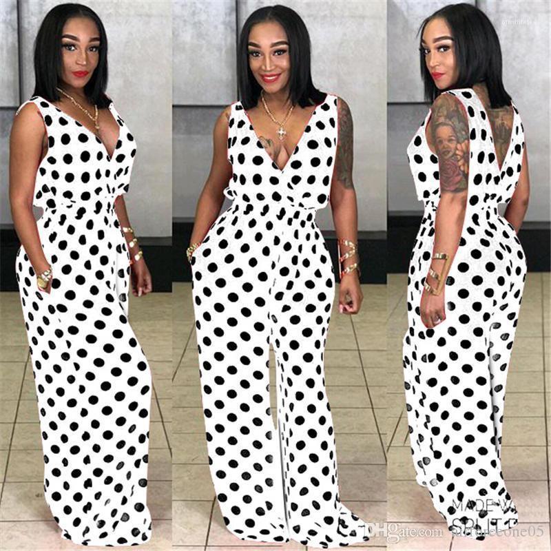 

Jumpsuits Rompers Fashion Polka Dot Long Pants Female Bodysuit Sexy Casual Ladies Rompers Summer V-Neck Womens, Black;white