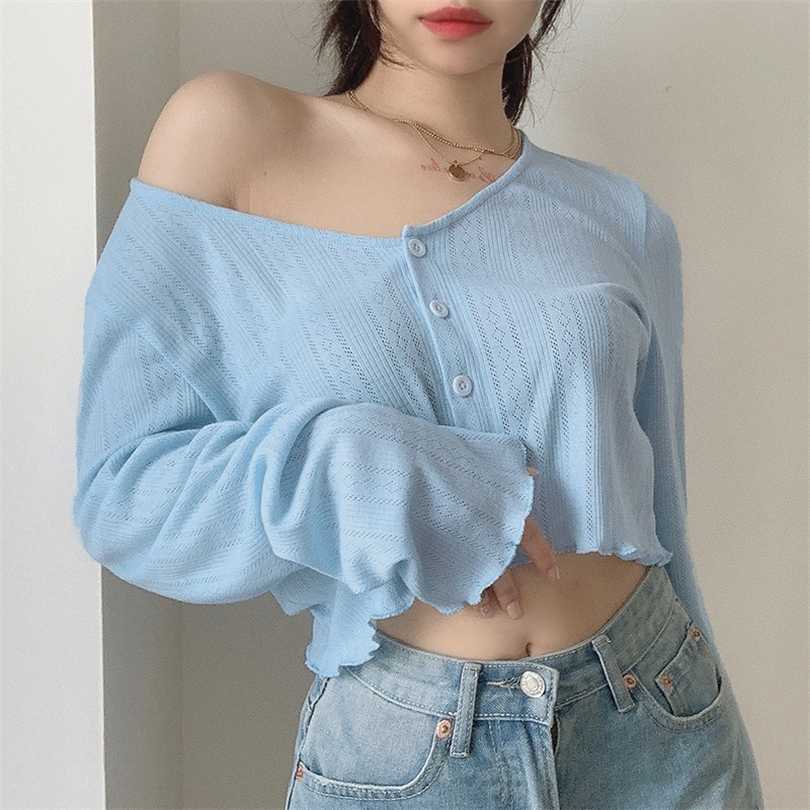 

Korean Style Women' Knitted Crop Tops Solid Sexy V-Neck Short Cardigan Mujer Loose Long Sleeve Thin Sweater Woman Top Aesthetic 211018, Sky blue