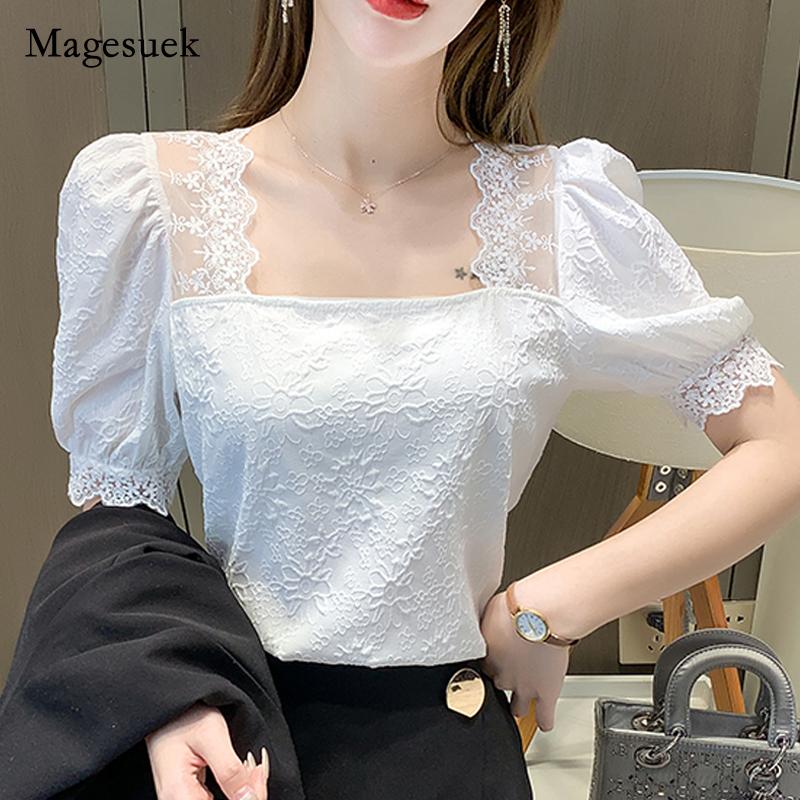 

Women's Blouses & Shirts 2021 French Short Sleeve Lace Tops Summer Square Collar Chiffon Women Blouse Floral Lace-up Backless Solid Stitchin, White