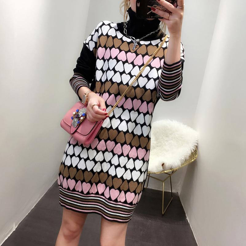 

Casual Dresses 2021 Winter Thick Heart Jacquard Long Sweater Contrast Color Sleeve Knit Turtleneck Dress Causal Loose Female, As picture