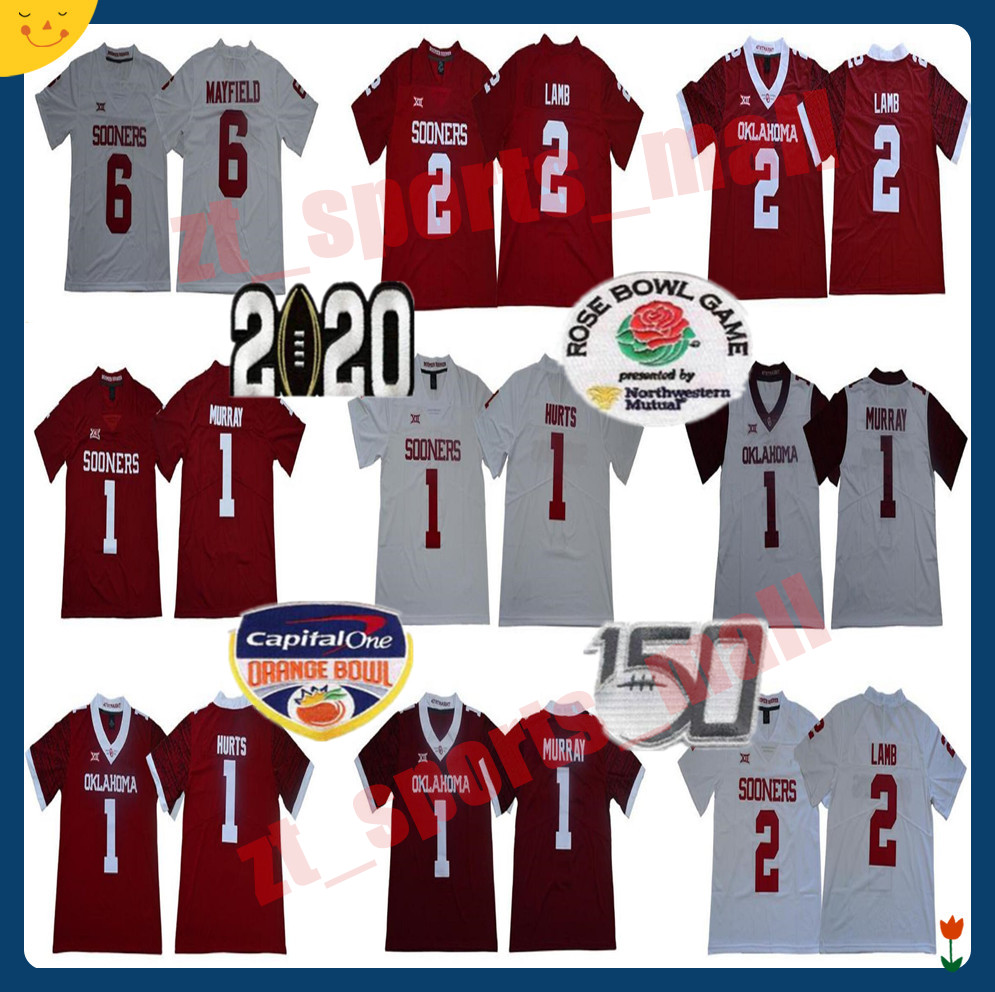 

NCAA Oklahoma Sooners 1 Jalen Hurts Jersey 2 CeeDee Lamb Baker Mayfield Kyler Murray Adrian Peterson Sam Bradford Red White College Football, Black;red