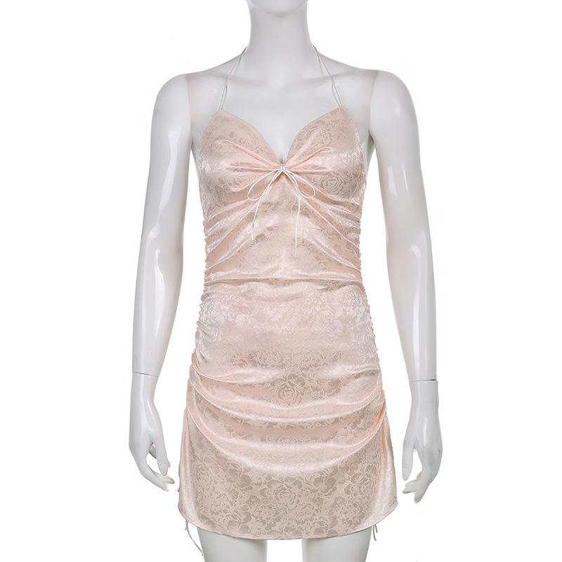 

Casual Dresses Summer Fashion Jacquard Drawstring Halter Neck Sexy Slit Sling Women' Dress, Pink